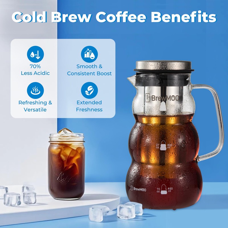 BrewMOO Cold Brew Coffee Pitcher (1.0L/34oz) - Elegant Sleek Wave