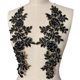 1 Pair Rhinestones Lace Applique Accessories Handsewing Glass Beads Stones Trim Patches for DIY Girl Wedding Dress Decorations (Black+Gold)