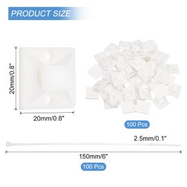 MECCANIXITY 100Set Cable Tie Zip Self Adhesive Mounts Set 6 Inch Nylon Cable Tie Mount Base Holders with Sticky Pads for Home, Office, Garden, Workshop, White