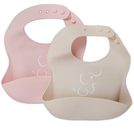 PAPU BABY Baberos de Silicón Suave. Pack de 2 Impermeables para Bebé, baby bibs. (Rosa/Beige)