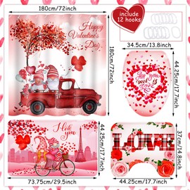 4 Pieces Happy Valentine's Day Shower Curtain Set with Non Slip Rugs Toilet Lid Cover Bath Mat U Shaped Mat Bathroom Gnomes Curtain with 12 Hooks Red Truck Waterproof Shower Curtain Valentines Decor