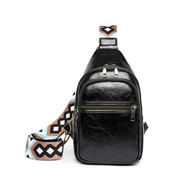 FAYBA Small Sling Bag for Women Crossbody Bag, PU Leather Wide Guitar Strap Chest Sling Backpack Purse, Black2