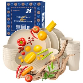 HIERYQHE 24pcs Wheat Straw Dinnerware Sets, Unbreakable Reusable Dinnerware Set for Outdoor/Kitchen, Outdoor Camping Cups Plates and Bowls Sets, Dishwasher Safe Wheat Straw Dinnerware Set for 8