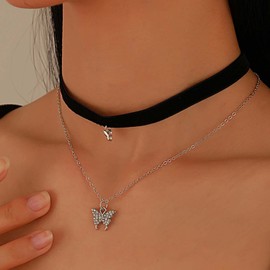 TseenYi Velvet Choker Necklace Layering Butterfly Pendant Necklace Black Velvet Suede Choker Layered Leather Necklace Clavicle Chain Jewellery for Women and Girls, Leather Leather Suede