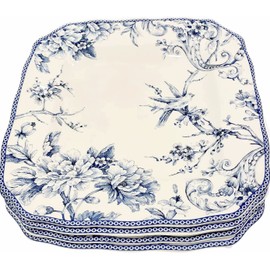 222 Fifth Adelaide Blue Toile Square Dinner Plates | Fine China/Porcelaine | Set of 4 | 10.75" x 10.75"