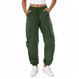COPYLEAF Womens Parachute Cargo Pants with Pockets Quick Dry Hiking Pants Lightweight Water-Resistant Baggy Joggers(Army Green XXL)