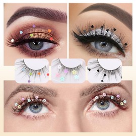 3 Pares de Pestañas Postizas, Estilos Festivales Dramáticas Pestañas de Lentejuela Brillo con Lindo Corazón/Flores Coloridas Pestañas para Decorativas Navidad Año Nuevo Halloweens Cosplay Party 1 Recuento (Paquete de 3) Negro