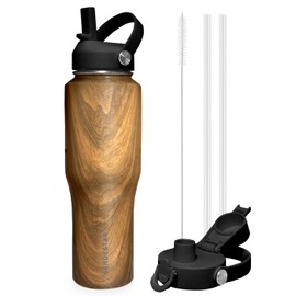 SENDESTAR 40oz Stainless Steel Water Bottle(Cold for 48 Hrs, Hot for 24 Hrs),Double Wall Vacuum Insulated Bottle with Straw Lid, Spout Lid and Flex Cap, Fit in Any Car Cup Holder TXIN-40-Wood