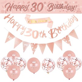 14 Pieces 30th Happy Birthday Decorations,Rose Gold 30th Birthday Party Supplies Including Happy 30th Birthday Banners Birthday Straps Triangle Flag Bunting Confetti Latex Balloons (30th Birthday)