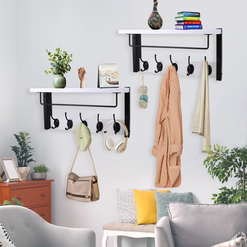 BSTHOK Mounted Coat Rack with Shelf, 44cm, Metal Hooks, Rustic