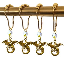 Dragon Shower Curtain Hooks for Bathroom, Rustproof Metal Gold Shower Curtain Rings Set of 12 with Fantastic Animal Dragons Gothic Medieval Fantasy Theme Bathroom Decor (Gold)