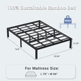 Bamboonova Bamboo Wood Bed Frame 14 Inch Full Size Platform Bed with Non-Slip Slats Support, No Box Spring Needed, Smooth Finish Bed with Under Bed Storage for Bedroom, Dorm, Hotel, Black