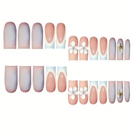 24Pcs Blue French Tip Press on Nails Medium Square Fake Nails with 3D Floral Gold Star Designs Spring Flower False Nails Full Cover Nude Glossy Acrylic Nails Blue Gradient Glue on Nails for Women