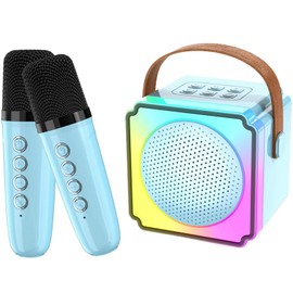 Karaoke Machine for Kids, Mini Karaoke Machine with 2 Wireless Microphones HiFi Sound, Light Up Microphone and Speaker Set Portable Bluetooth Speaker for Home Party Birthday (Blue)