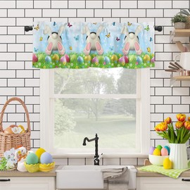 Happy Easter Valances for Kitchen Windows Bunny Valance Curtains for Living Room, Easter Eggs Rabbit Tail Ears Rod Pocket Window Valance Window Treatment for Bathroom Bedroom 54x18inch, Washable