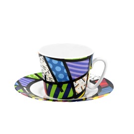 BRITTO Romero Bone China Espresso Cup & Saucer, 3.3 oz, Colorful Landscape, Abstract Artwork Design