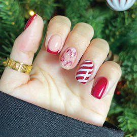 SINHOT Christmas Press on Nails Medium Square French Tip Fake Nails Glossy Red and White Stripes Winter Xmas Design Squoval False Nails with Glue Full Cover Artificial Acrylic Nails 24pcs