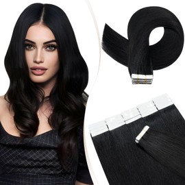 Elailite Tape in Hair Extensions Real Human Hair 20 Pcs 30g Invisible Thin Type - Seamless Skin Weft Remy Hair Extension (#1 Jet Black, 20 Inch)
