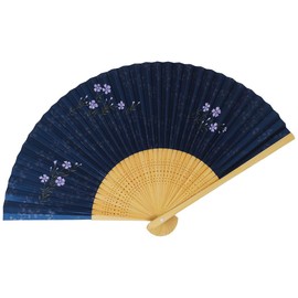 Kimono Iroha Fan, High Class Picture Fan, Made in Japan, White Bamboo Sculpture, Navy Blue Pearl Fabric, Scented, blue, Free size