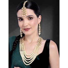 Aheli Classy Faux Kundan Beaded Pearl Long Necklace with Maang Tikka Set Indian Ethnic Wedding Bridal Jewelry Gift for Women