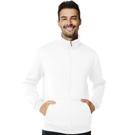 Men's Fleece Full Zip Up Sweatshirt Casual Lightweight Long Sleeve Mock Neck Jackets with Pocket(L,White)