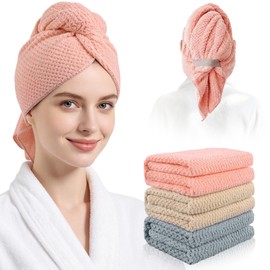 3 Pack Microfiber Hair Drying Towels for Women, Super Absorbent Microfiber Hair Towel for Curly Hair, Hair Drying Towel Wrap for Hair Care with Elastic Strap