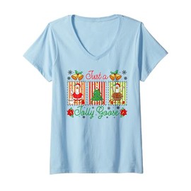 Womens Just A Jolly Goose Preppy Coquette Christmas Goose Costume V-Neck T-Shirt