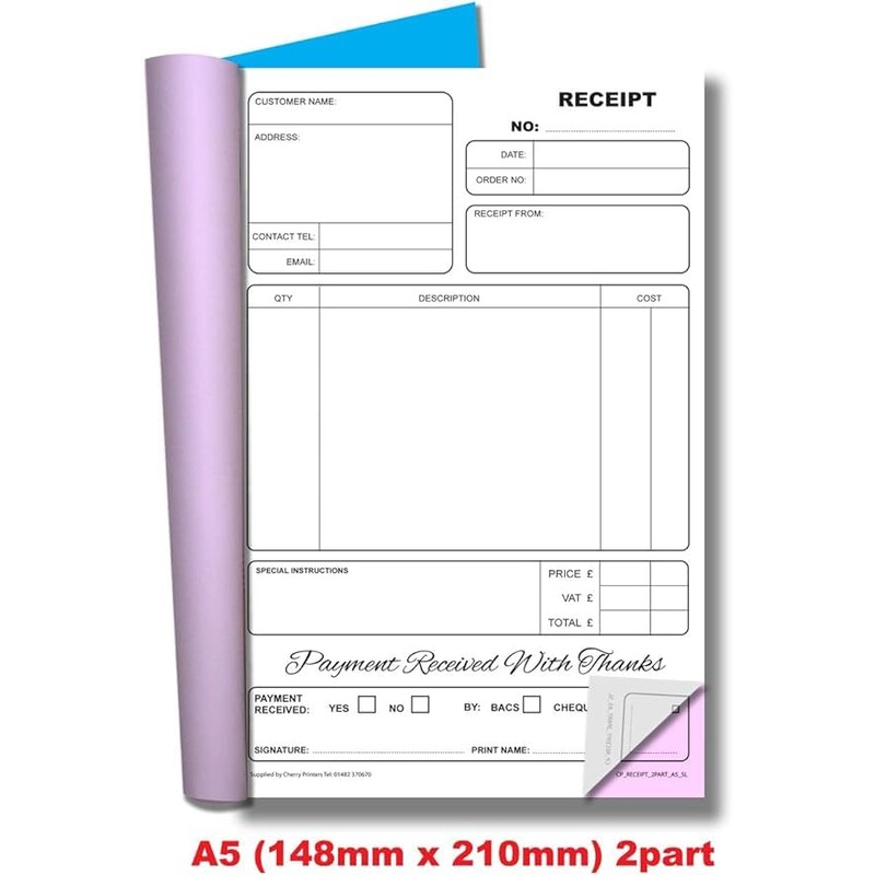 Cherry Carbonless NCR Receipt Book Duplicate 2pt A5 (148 x