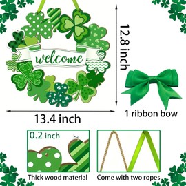 Wuhetyo St. Patrick's Day Shamrock Wreath Door Sign, 13inch Shamrocks Welcome Wooden Hanging Sign Lucky Irish Ornament Wood Wreath for St Patricks Day Front Door Wall Home Decorations