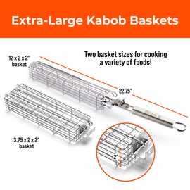 Braize Large Kabob Grilling Basket with Removable Handle. Stainless Steel construction with a Larger Capacity (12 x 2 x 2) and secure easy latch lid. (3-Piece Set – Bag & Sponges Included)