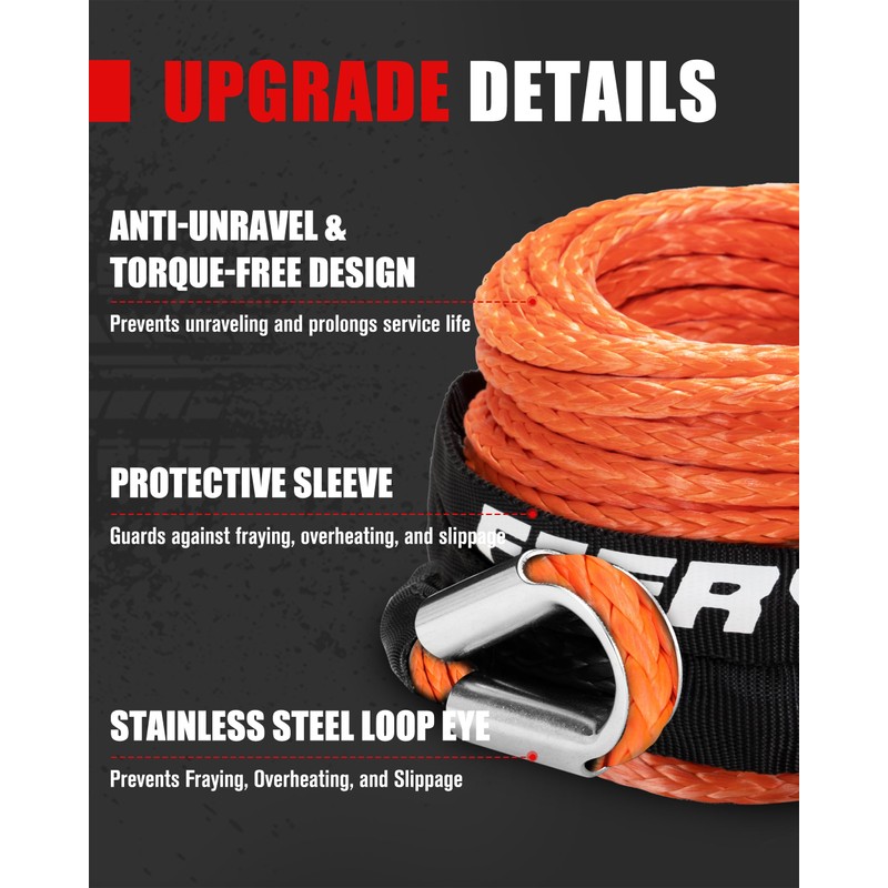 FieryRed 3/16” Winch Rope Cable,50 FT 8500 LBS ATV/UTV Synthetic