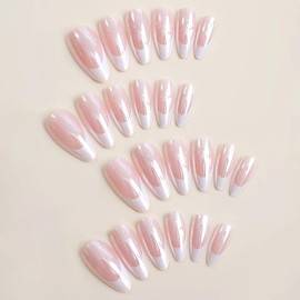 French Tip Chrome Press on Nails Almond Medium Fake Nails with White Aurora Designs Glossy Glue on Acrylic Nails Nude Full Cover False Nails for Women 24PCS