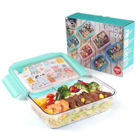 WHALEHOUSE Clear Eco-friendly ECOZEN PCTG Bento Lunch Box, 3 Compartment Durable Plastic Meal Prep Container, Airtight Food Storage Containers with Snap Locking Lids, Microwave Safe (Green, 1000ML)