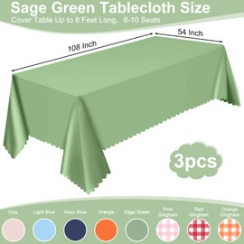 3 Pack Plastic Sage Green Tablecloth, 54 X 108Inch Disposable Scalloped Edge Table Cloth for Rectangle Table Waterproof Sage Green Table Covers for Baby Shower Bridal Wedding Birthday Party Decor