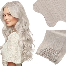 Moresoo Clip in Hair Extensions Remy Double Weft Human Hair Clip in Extensions Straight Hair Extensions for Women White Blonde #60A 7pcs 135g 18inch