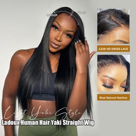 Ladoux 13x6 Lace Front Yaki Straight Wig HD Transparent Yaki Straight Frontal Closure Human Hair Wigs for Women 14Inch 180% Density Glueless Wig Pre Plucked With Baby Hair
