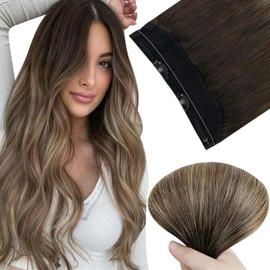 Easyouth Wire Extensions Human Hair Balayage Black Wire Hair Extensions Real Human Hair Ombre Black to Brown and Blonde Invisible Hair Extensions Wire Human Hair 12 Inch 70g