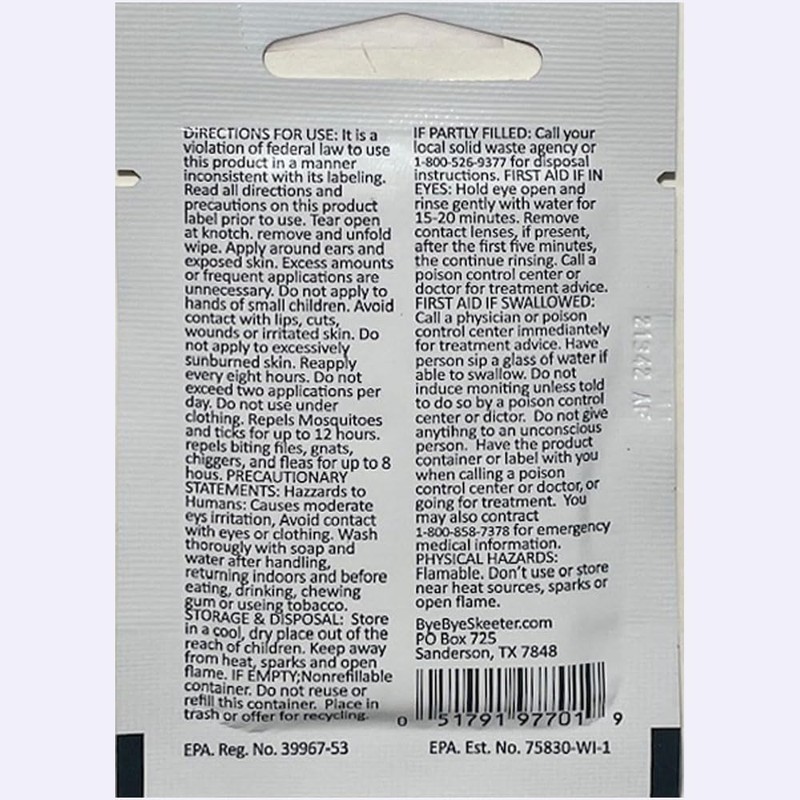 Bye Bye Skeeter Insect Repellent,Towellette Wipes DEET Free 20% Picaridin