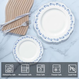 fanquare 11 Inch Porcelain Dinner Plates Set of 4, Elegant Blue Grass Ring Plates for Steak, Microwave Safe