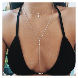 Inilbran Boho Layered Moon Necklace Chain Silver Crescent Moon Y Necklace Crescent Moon Necklace Long Satellite Chain Lariat Necklace Jewellery for Women and Girls