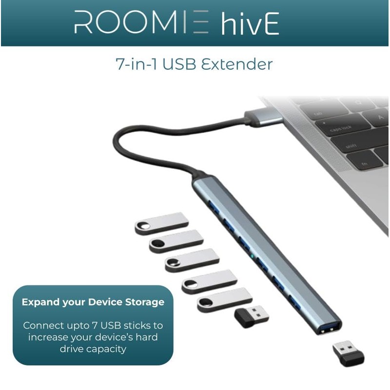 ROOMIE hivE USB Extender Hub, 3.0, 7 Ports Aluminium Hub