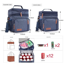 KADUNDI Expandable Insulated Lunch Bag for Men Cooler Bag Double Compartment Waterproof Leakproof Cooler Bag with Shoulder Strap Large Capacity for Office School Picnic (Blue)