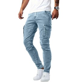 The 2024 new multi-pocket skinny jeans have many pockets and large capacity. They are made of elastic cotton and are close-fitting but not tight. Very suitable for street photography Fashion - Color: Light blue, Size: M