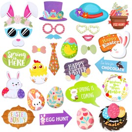 HOWAF Easter Photo Booth Props Kit, Funny Easter Party Photo Props Accessories for Easter Hunt Game Favor Supplies, Colorful Easter Egg Chick Bunny Hat Moustache Glasses Rabbit Arrow Sign Prop, 28pcs