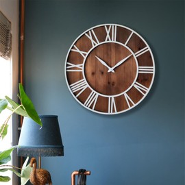 Evursua 24 Inch Large Metal&Wood Wall Clocks Modern Rustic Blend Farmhouse Clocks Distressed Real Wood Handmade Clock for Living Room Decor Home Wall Hanging Accessories Oversized