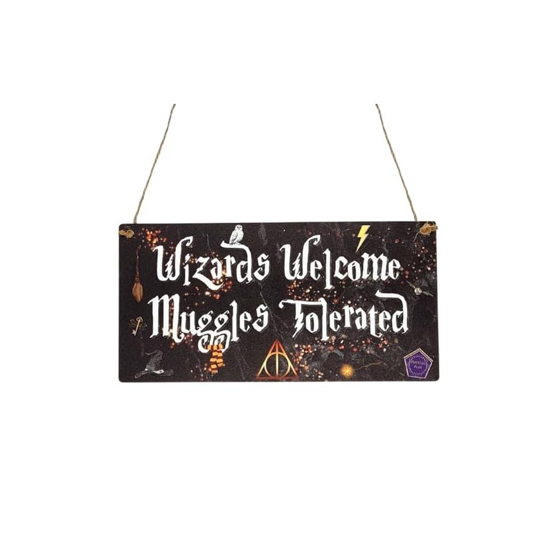 Second Ave Wizards Welcome Muggles Tolerated Black Wooden Hanging Rectangle