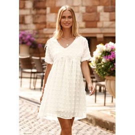 KIRUNDO Womens Summer Dresses 2024 Casual V Neck Short Sleeve Swiss Dot Ruffle Loose Flowy Mini Babydoll Dress Maternity Dress (Apricot, Medium)