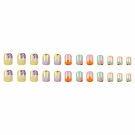 MISUD Short Press on Nails Square Fake Nails Glossy Glue on Nails Summer Colorful Flower Acrylic Nail Supplies Squoval Artificial Nail Art Ombre Stick on False Nails with Design DIY 24 pcs