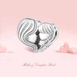 MUNDELL 925 Sterling Silver Mother and Daughter Bead Charm Mom Heart Shaped Charm for Original Silver Bracelet or Bangle Jewelry Make Pendants