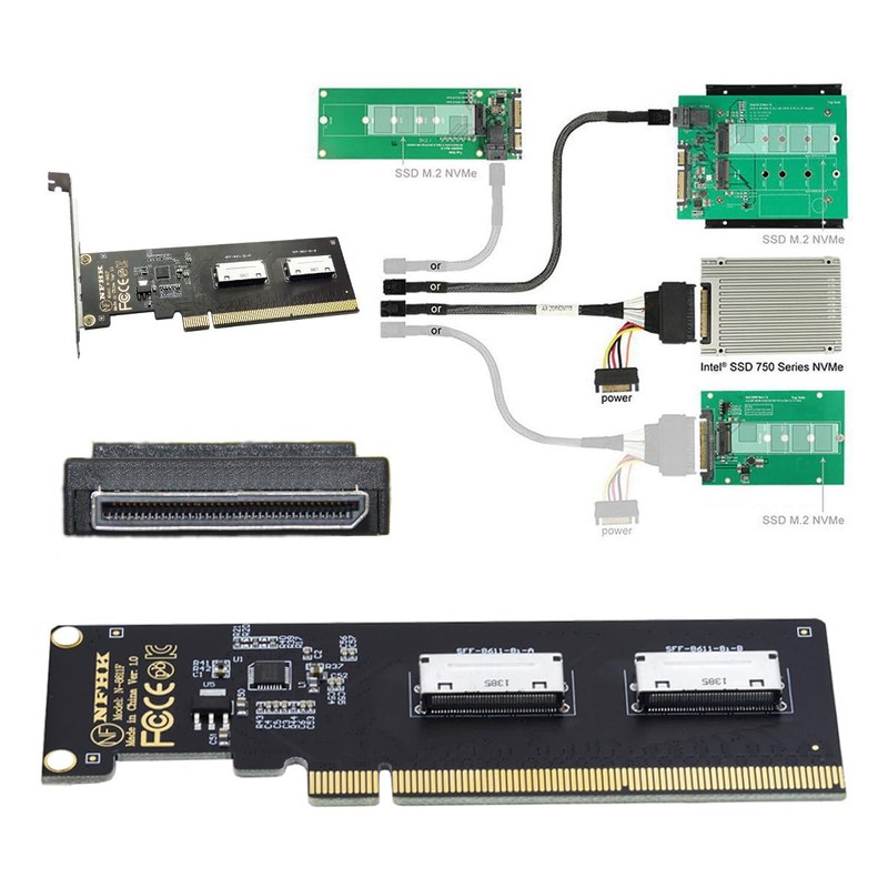 NFHK Adapter PCIE4.0 PCI-Express 16x to Dual Oculink SFF-8612 SFF-8611